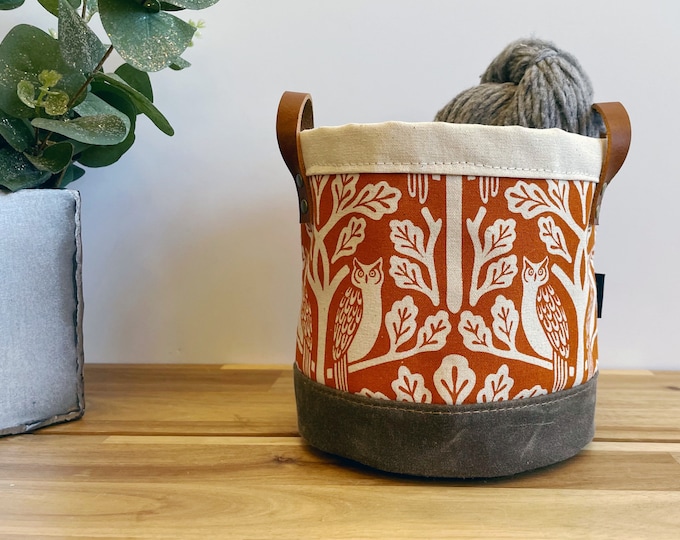 6” Orange Owl and Oak Tree Pattern Fabric Bin - Screen Printed Fabric Bucket - Above and Beyond - Owls