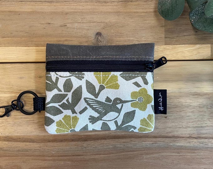 Moss Green Hummingbird and Weigela Mini Pouch - Zipper Pouch - Zipper Wallet - Screen Printed - Earbud Pouch