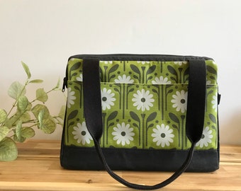 Large Waxed Canvas Project Bag - Green Daises Pattern - Knitting Bag - Screen Printed Bag - Crochet Bag -Sweater Project Bag - Tool Bag