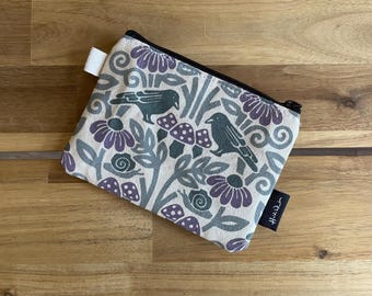 Crow and Mushroom Pattern Zipper Pouch - Zipper Wallet - Screen Printed - Credit Card Zipper Pouch