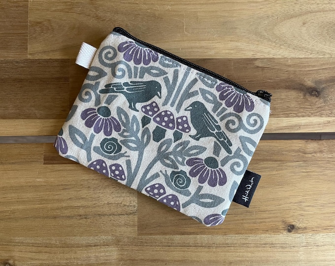 Crow and Mushroom Pattern Zipper Pouch - Zipper Wallet - Screen Printed - Credit Card Zipper Pouch