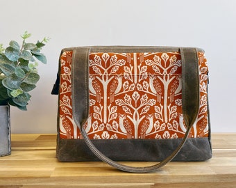 Large Waxed Canvas Project Tool Bag - Owl and Oak Tree Pattern - Knitting Bag - Screen Printed Bag - Crochet Bag -Orange Sweater Project Bag