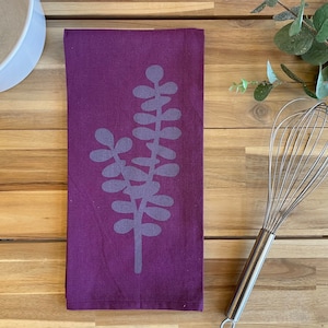 Violet Eucalyptus Hand Printed Tea Towel - Cotton - Housewarming Gift - Hand Towel - Branch  - Screen Printed