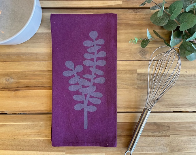 Violet Eucalyptus Hand Printed Tea Towel - Cotton - Housewarming Gift - Hand Towel - Branch  - Screen Printed