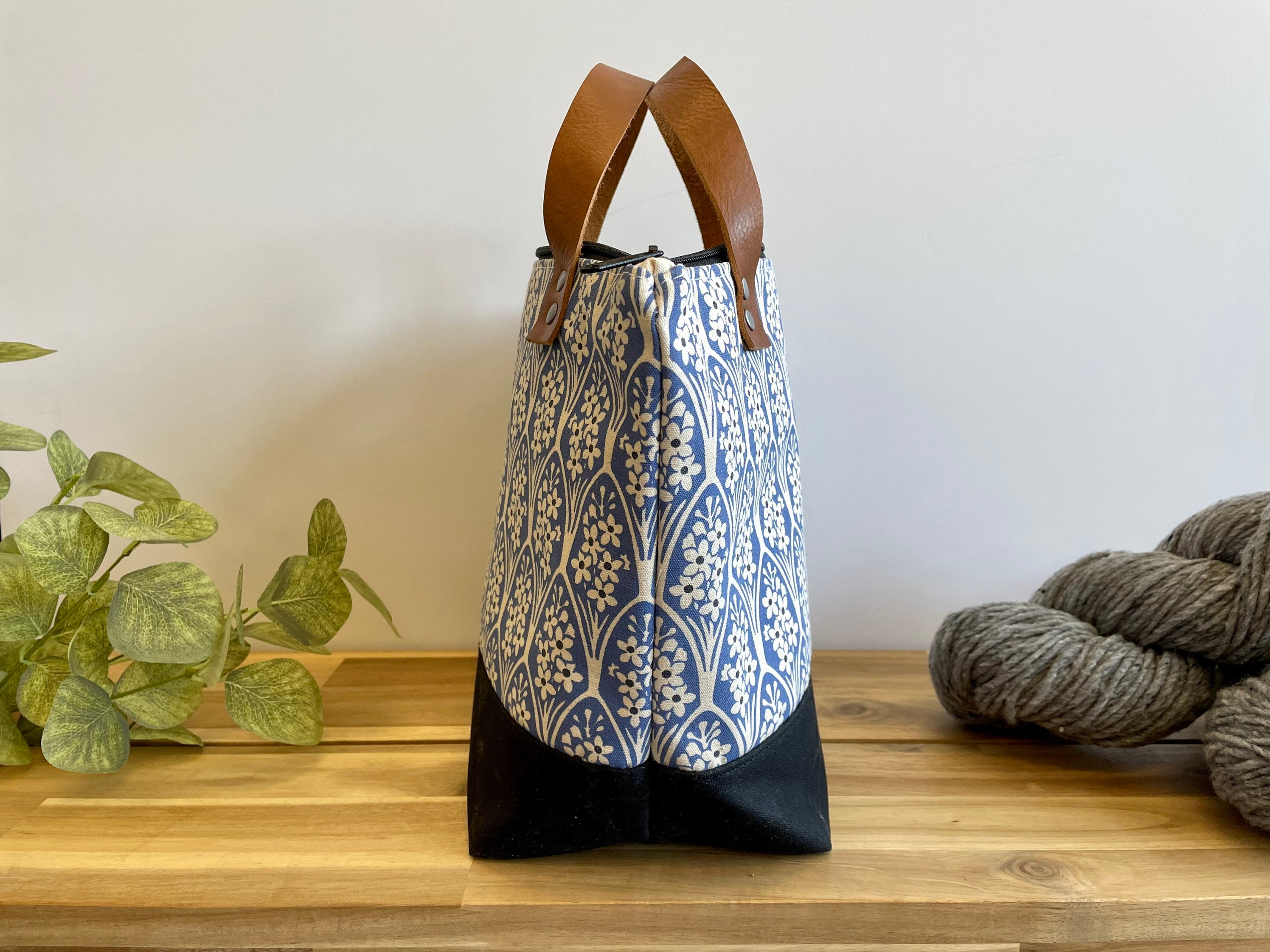 Knitting Project Bag, Bluestone Waxed Canvas and Leather Project Bag, Knitting Bag, Yarn Bag, Crochet Bag, Craft Bag, Drawstring Bag