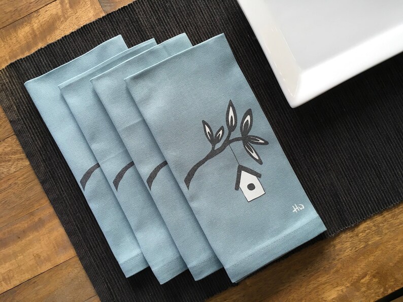 Blue Housewarming Gift Dinner Napkins with Screen Printed Birdhouse Set of 4 Cloth Napkins