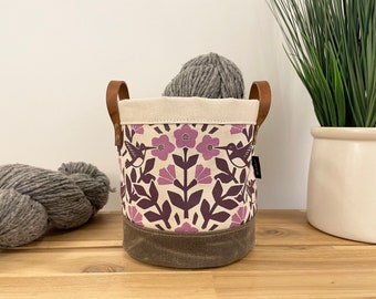 6” Pink Hummingbird and Weigela Pattern Fabric Bin - Screen Printed Fabric Bucket - Floral Fabric