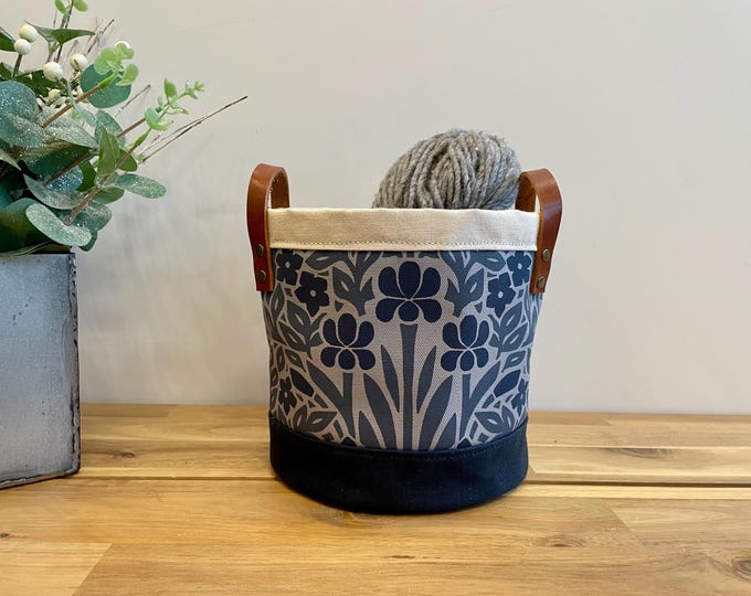 Iris and Vinca Fabric Bin: 6" Screen Printed Bucket, Gift