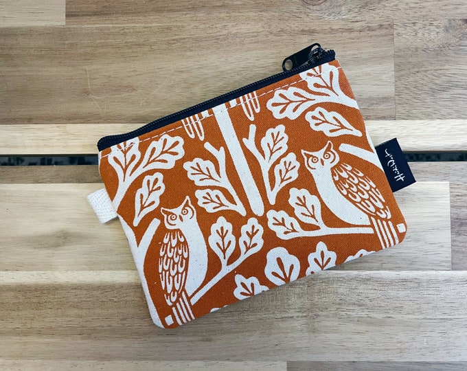 Owl and Oak Tree Pattern Zipper Pouch - Zipper Wallet - Screen Printed - Orange Credit Card Zipper Pouch