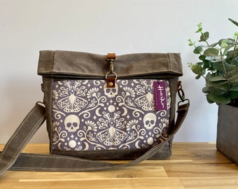 Purple Moth and Skull Roll Top Waxed Canvas Purse - Cross Body Messenger Purse - Screen Printed Bag