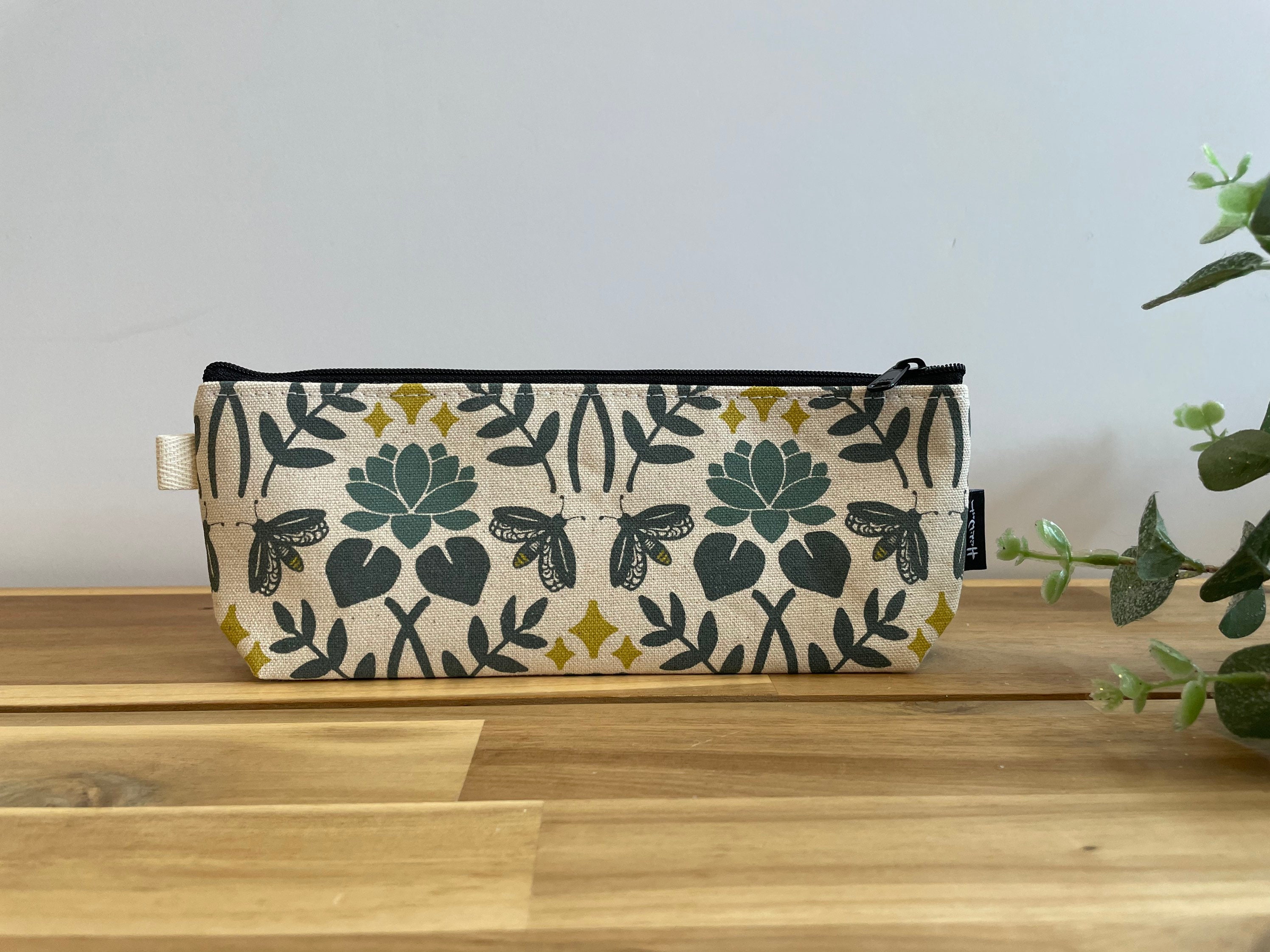 Lotus and Firefly Pattern Pencil Pouch - Screen Printed - Zipper Pouch