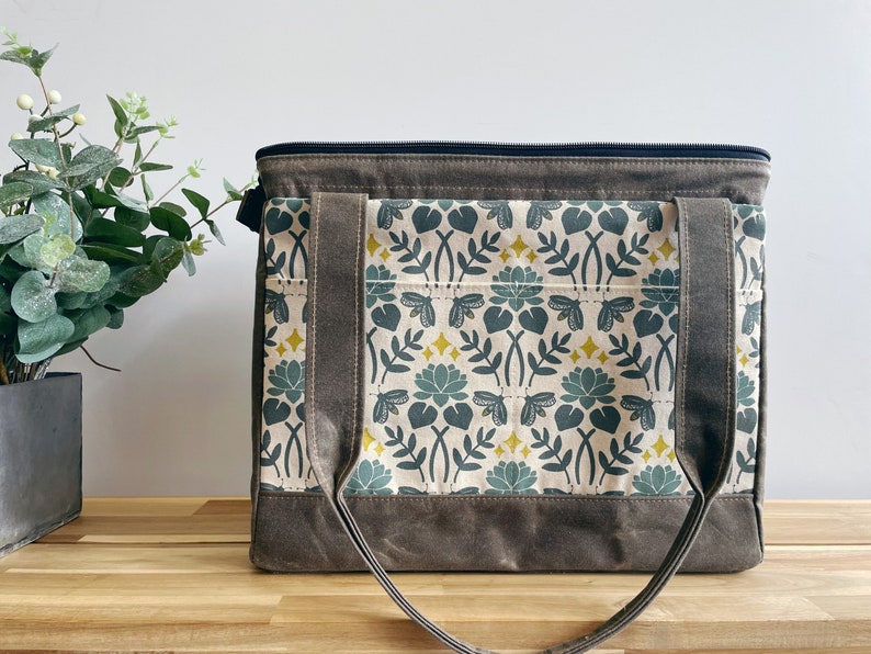 Large Waxed Canvas Project Tool Bag Lotus and Firefly Pattern Knitting Bag Screen Printed Bag Crochet Bag Sweater Project Bag image 5