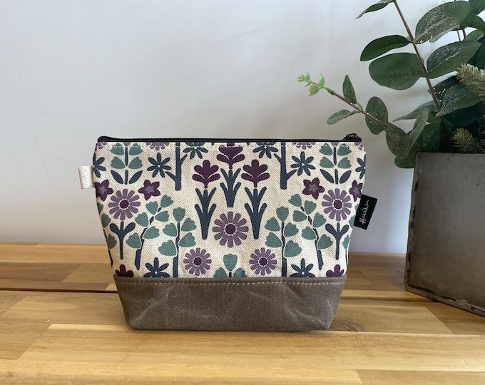 Oregon Wildflowers Zipper Pouch - Waxed Canvas - Cosmetic Bag - Screen Printed - Hand Printed - Natural White