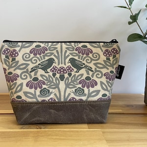 Crow and Mushroom Zipper Pouch - Waxed Canvas - Cosmetic Bag - Screen Printed - Hand Printed