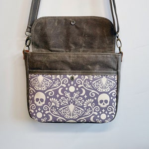 Moth and Skull Waxed Canvas Small Messenger Bag Satchel Flap Canvas Bag Cross Body Screen Printed Fabric image 4