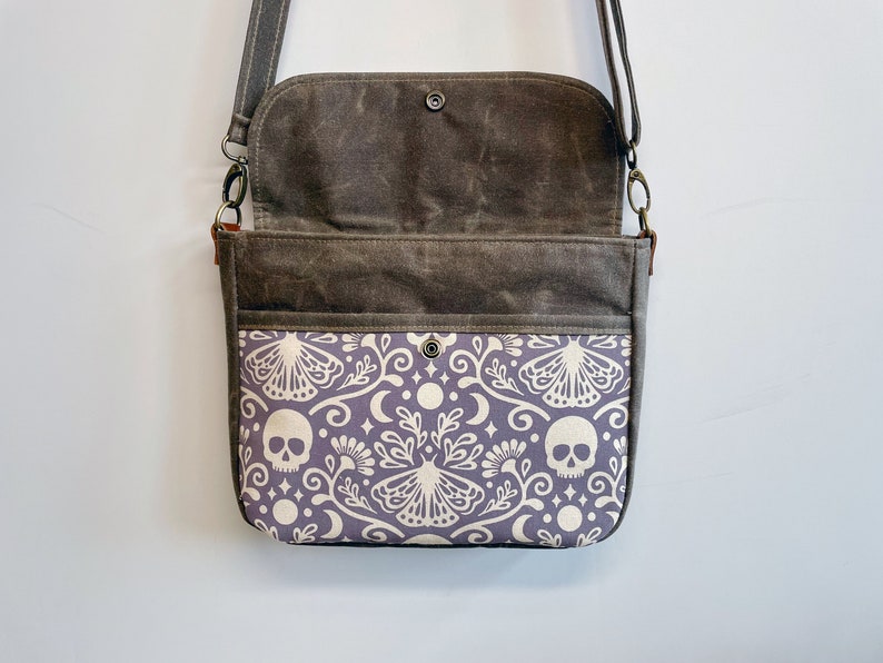 Moth and Skull Waxed Canvas Small Messenger Bag Satchel Flap Canvas Bag Cross Body Screen Printed Fabric image 4