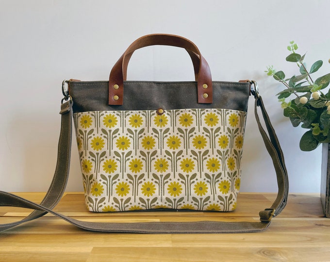 April Daisies Cross Body Handbag Purse - Waxed Canvas Bag - Screen Printed Fabric