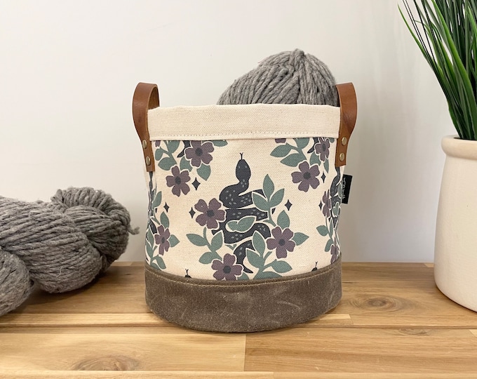 6” Garden Snakes Pattern Fabric Bin - Screen Printed Fabric Bucket - Floral Fabric