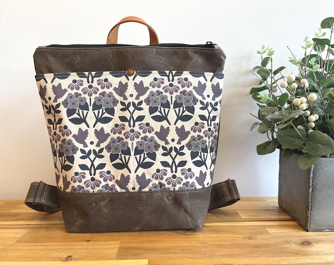 Hydrangea, Black Eyed Susan and Bluebird Waxed Canvas Backpack - Canvas Bag - Backpack purse - Screen Printed - Floral Fabric