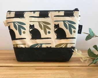 Tuxedo Cat Zipper Pouch - Waxed Canvas - Cosmetic Bag - Screen Printed - Hand Printed - Notions Pouch - Gift