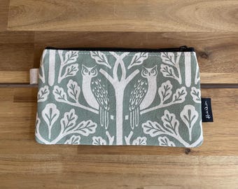 Sage Owl and Oak Tree Zipper Pouch - Zipper Wallet - Screen Printed