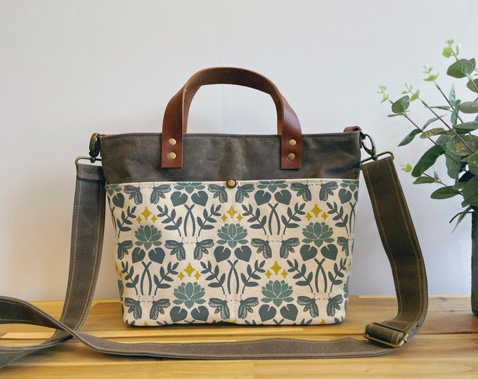Lotus and Firefly Cross Body Handbag Purse - Waxed Canvas Bag - Screen Printed Fabric