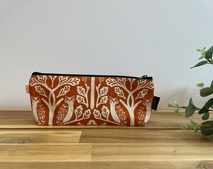 Owl and Oak Tree Pattern Pencil Pouch  - Screen Printed - Zipper Pouch -Orange Pouch