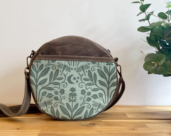 Sage and Moonlight Waxed Canvas Round Cross-Body Purse - Screen Printed Circle Bag - Tambourine Bag