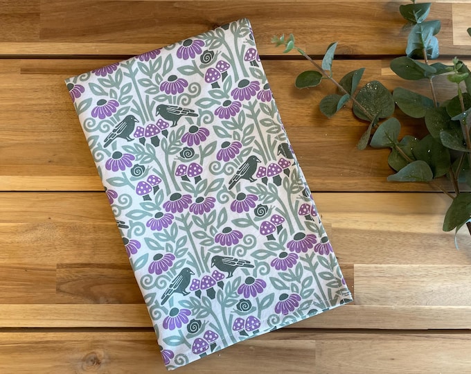 Crow and Mushroom Tea Towel - Cotton/Linen - Hand towel - Kitchen Towel - Birds
