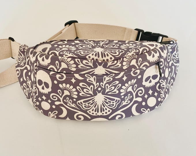 Moth and Skull Fanny Pack - Hip Bag - Small Cross-Body Purse - Screen Printed