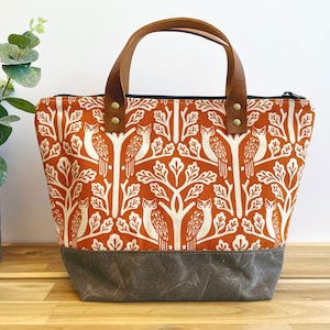 Owl and Oak Tree Pattern Waxed Canvas Project Bag - Screen Printed - Orange Knitting Bag - Yarn Bag - Crochet Bag