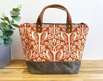 Owl and Oak Tree Pattern Waxed Canvas Project Bag - Screen Printed - Orange Knitting Bag - Yarn Bag - Crochet Bag