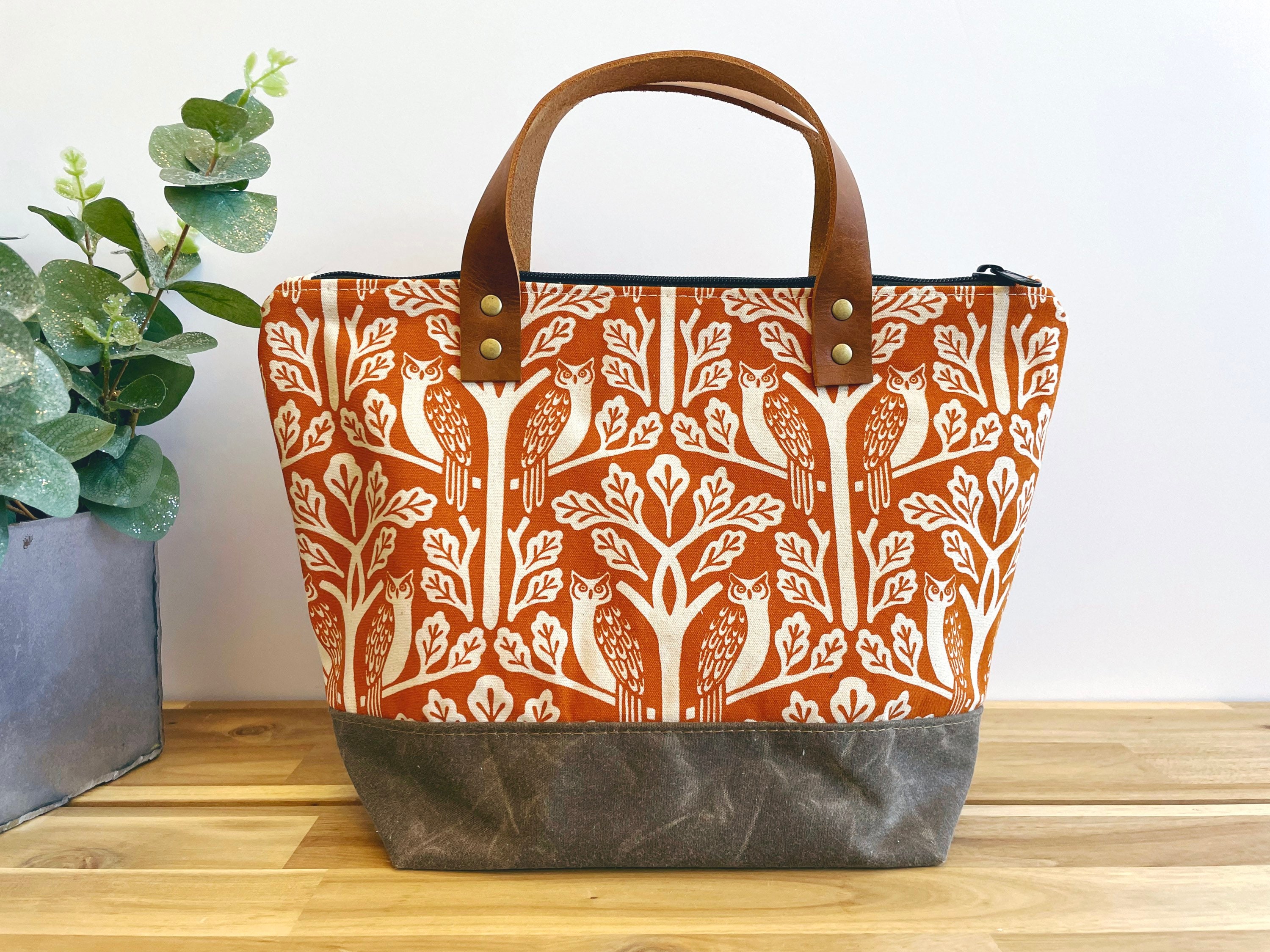 Owl and Oak Tree Pattern Waxed Canvas Project Bag - Screen Printed - Orange Knitting  Bag - Yarn Bag - Crochet Bag