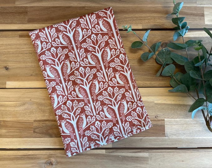 Orange Owl and Oak Tree Tea Towel - Cotton/Linen - Halloween - Witchy Hand Towel