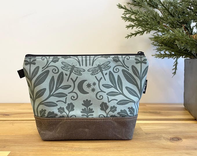 Sage and Moonlight Zipper Pouch - Waxed Canvas - Cosmetic Bag - Screen Printed - Hand Printed - Dragonfly Bag