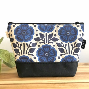 February Violets Zipper Pouch: Hand Printed Waxed Canvas Cosmetic Bag