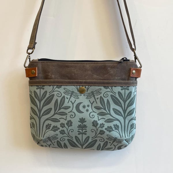 Sage and Moonlight Waxed Canvas Small Cross-Body Purse - Screen Printed - Dragonfly Bag