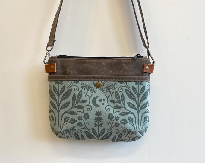 Sage and Moonlight Waxed Canvas Small Cross-Body Purse - Screen Printed - Dragonfly Bag