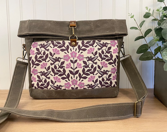 Pink Hummingbird and Weigela Roll Top Waxed Canvas Purse - Cross Body Messenger Purse - Screen Printed Bag