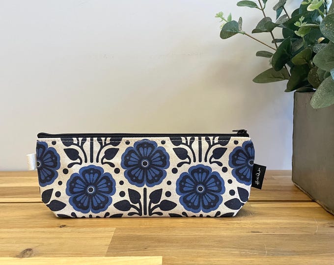 February Violets Pattern Pencil Pouch  - Screen Printed - Zipper Pouch - Blue Pouch