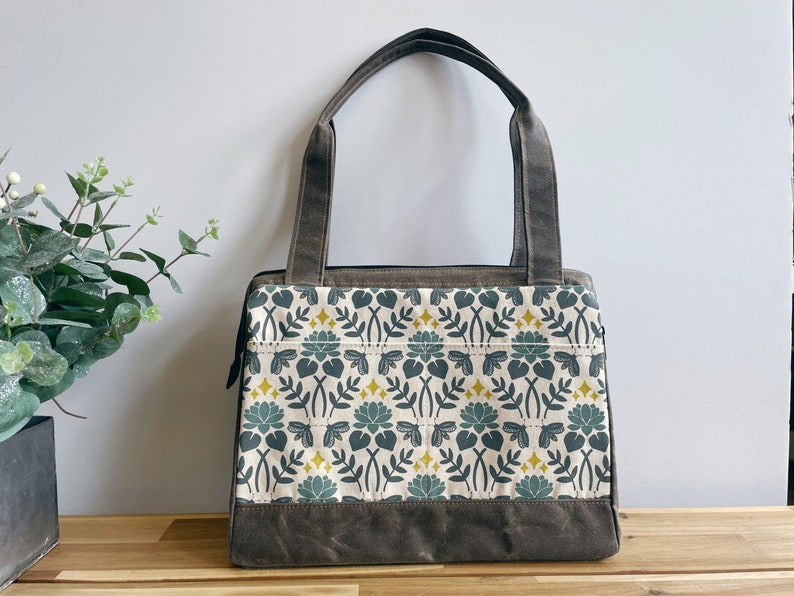 Large Waxed Canvas Project Tool Bag Lotus and Firefly Pattern Knitting Bag Screen Printed Bag Crochet Bag Sweater Project Bag image 2