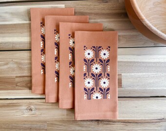 Orange Daisy Pattern Napkins - Cotton Dinner Napkins with Screen Printed Daisies - Set of 4 - Housewarming Gift
