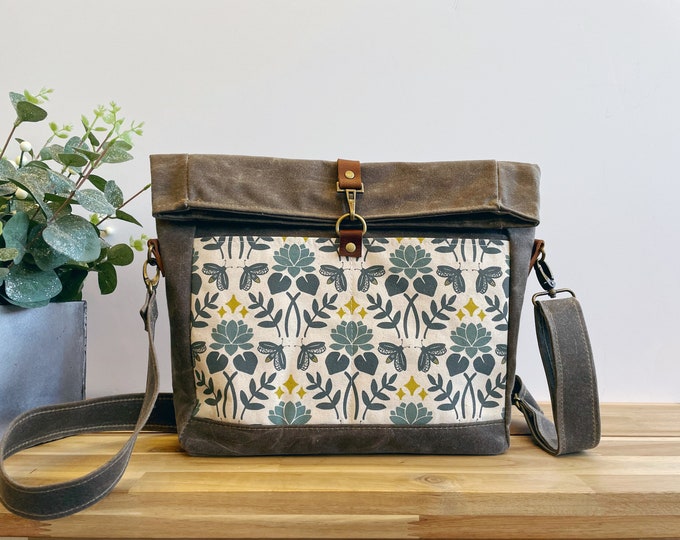 Lotus and Firefly Roll Top Waxed Canvas Purse - Cross Body Messenger Purse - Screen Printed Bag