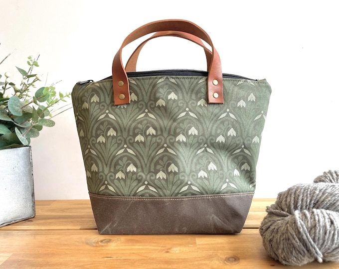 Snowdrops Waxed Canvas Project Bag: Knitting Crochet Yarn Tote