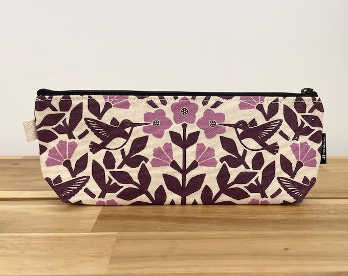Pink Hummingbird and Weigela Pencil Pouch  - Screen Printed - Zipper Pouch