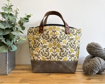 Moss Green Hummingbird and Weigela Waxed Canvas Project Bag - Screen Printed - Knitting Bag - Yarn Bag - Crochet Bag