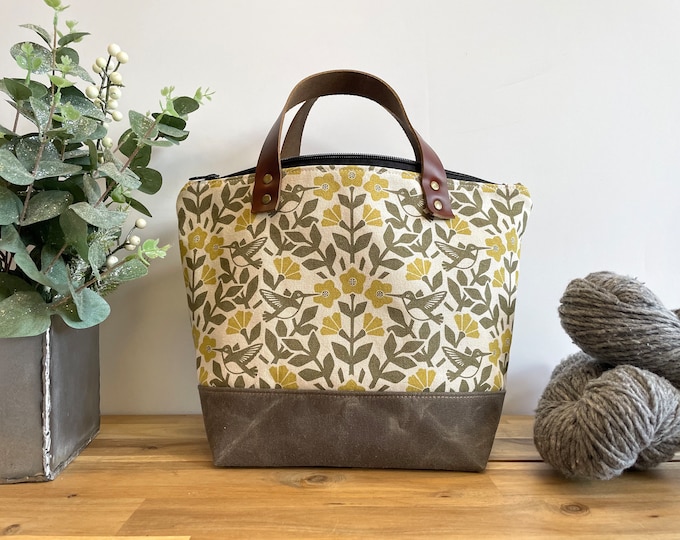 Moss Green Hummingbird and Weigela Waxed Canvas Project Bag - Screen Printed - Knitting Bag - Yarn Bag - Crochet Bag