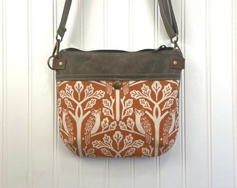 Owl and Oak Tree Waxed Canvas Small Cross-Body Purse - Screen Printed