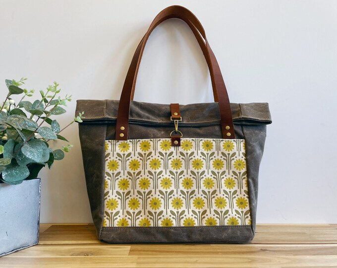 April Daisies Roll Top Waxed Canvas Shoulder Tote Bag - Canvas Bag - Rolltop Purse - Screen Printed - Project Sweater Bag