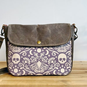 Moth and Skull Waxed Canvas Small Messenger Bag Satchel Flap Canvas Bag Cross Body Screen Printed Fabric image 1